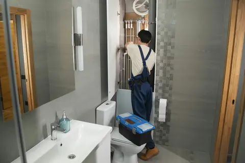Gasfitero con overol azul y caja de herramientas trabajando en un baño