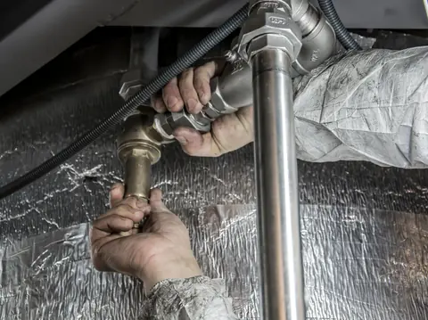 Manos de un gasfitero ajustando una tubería de agua con una llave